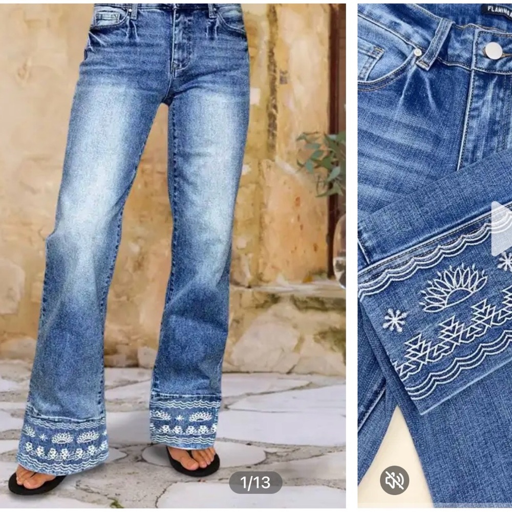 Flamingals Wash Embroidery Hem Mid Rise Bootcut Jeans - Picture 4 of 12